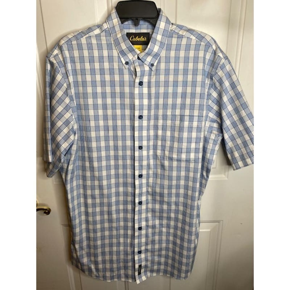 Cabelas Button Down White/Blue Short Sleeve‎ Mens Shirt Large